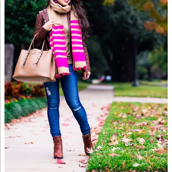J. Crew Accessories - NWT J. Crew pink striped Pom Pom scarf